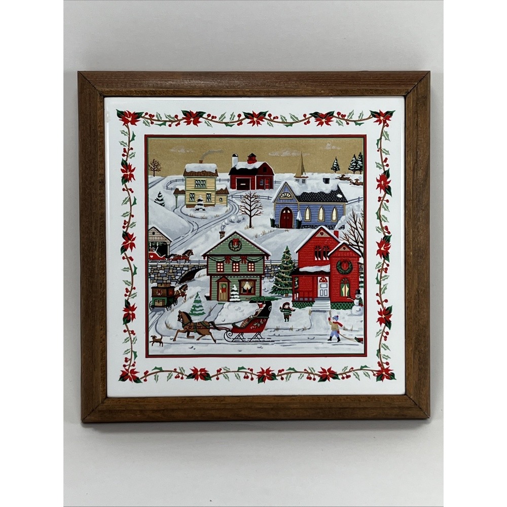 VTG Russ & Co Christmas Village Ceramic Tile Wall Trivet Holiday Folk Rustic - Picture 1 of 8